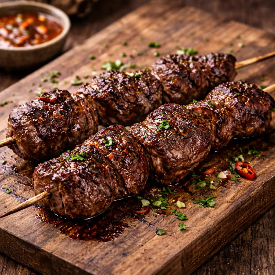 anticuchos de carne a la parrilla jugosos