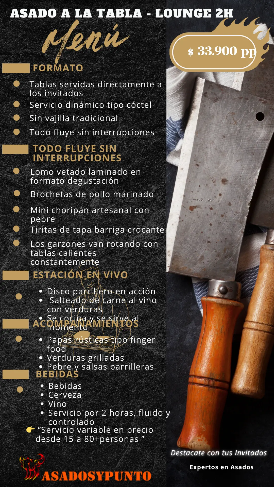 Asado a la tabla estilo lounge para eventos, servicio tipo cóctel con carnes premium y parrilla en vivo