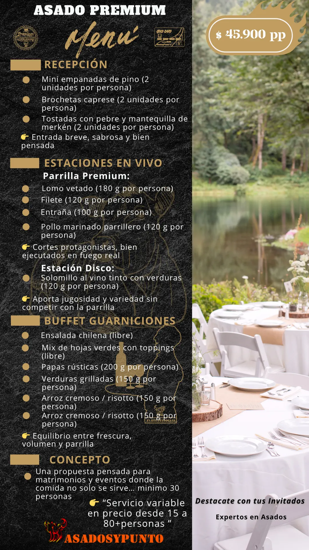 Asado premium para matrimonios con parrilla en vivo, carnes selectas y buffet de acompañamientos