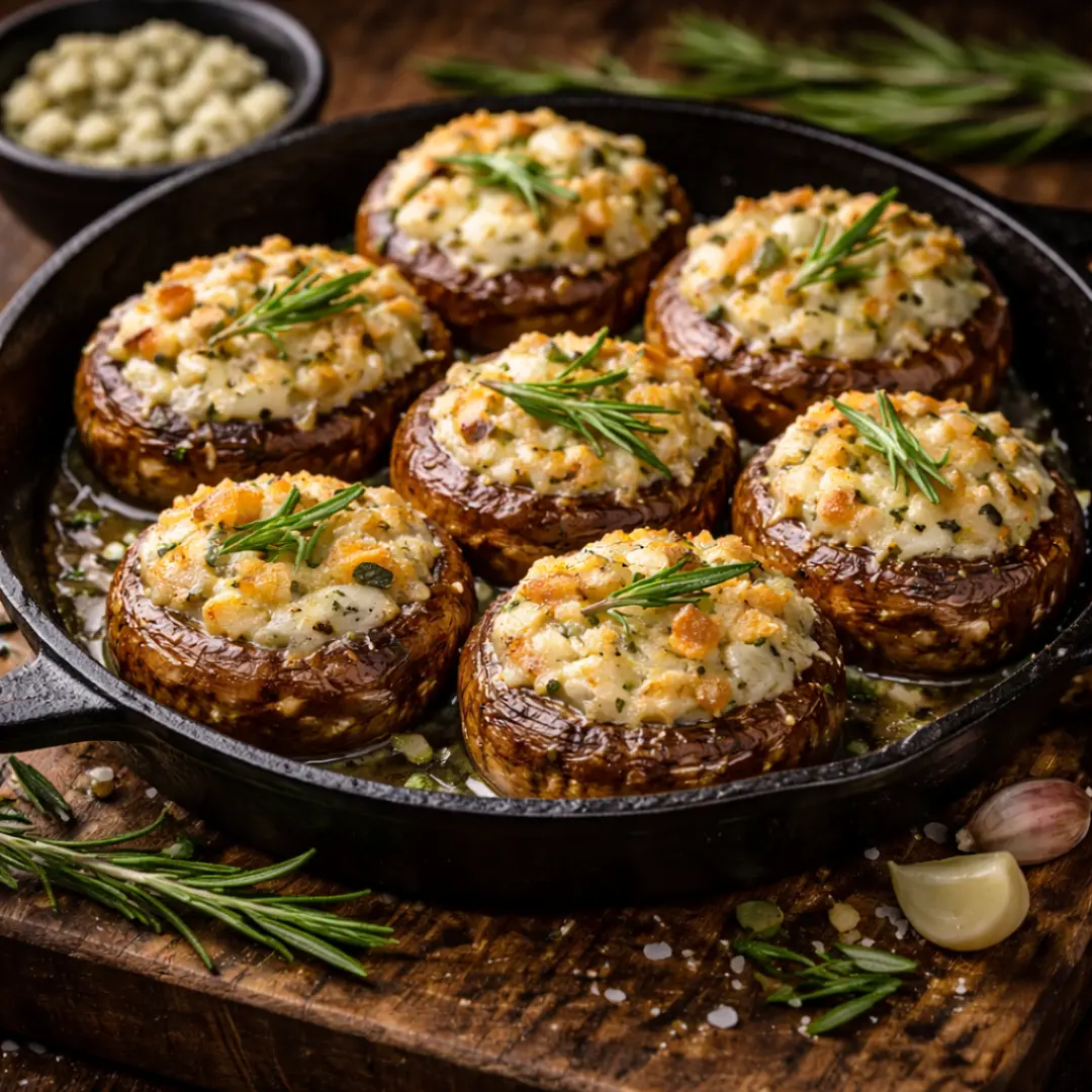 Champiñones rellenos con queso gratinado y hierbas