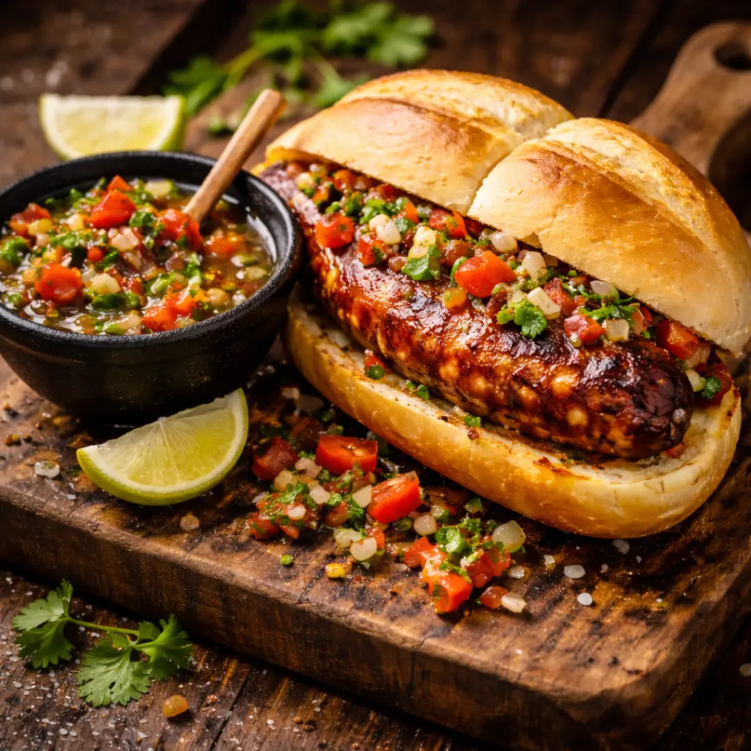Choripán con pebre chileno en pan crujiente