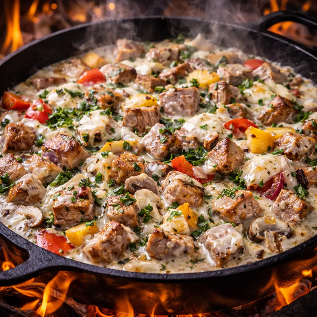carne al disco con queso fundido y vegetales