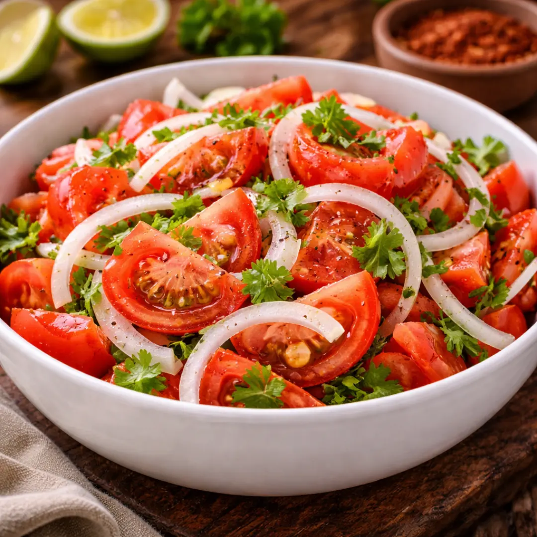 Ensalada chilena de tomate, cebolla y cilantro fresca para acompañar asados