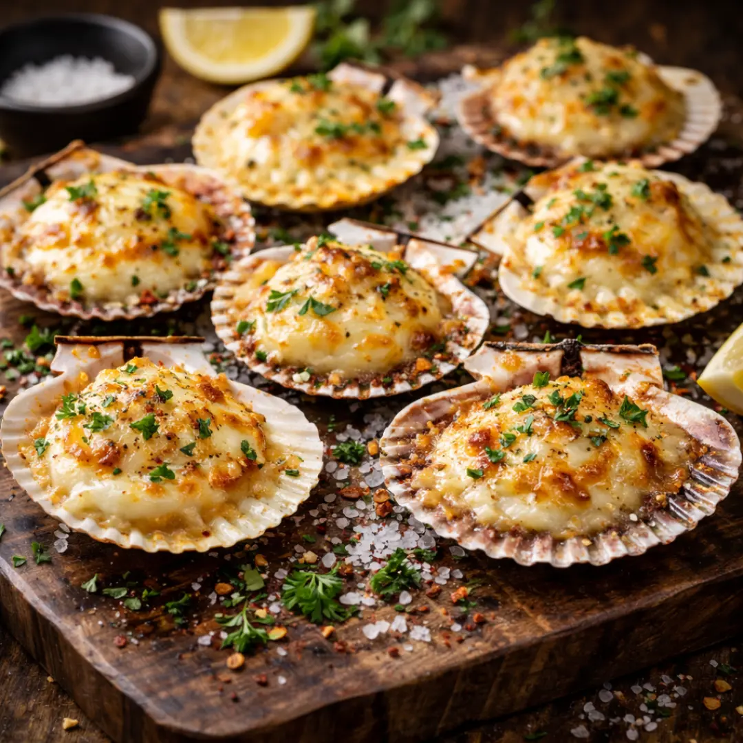 Ostiones gratinados con queso parmesano dorado