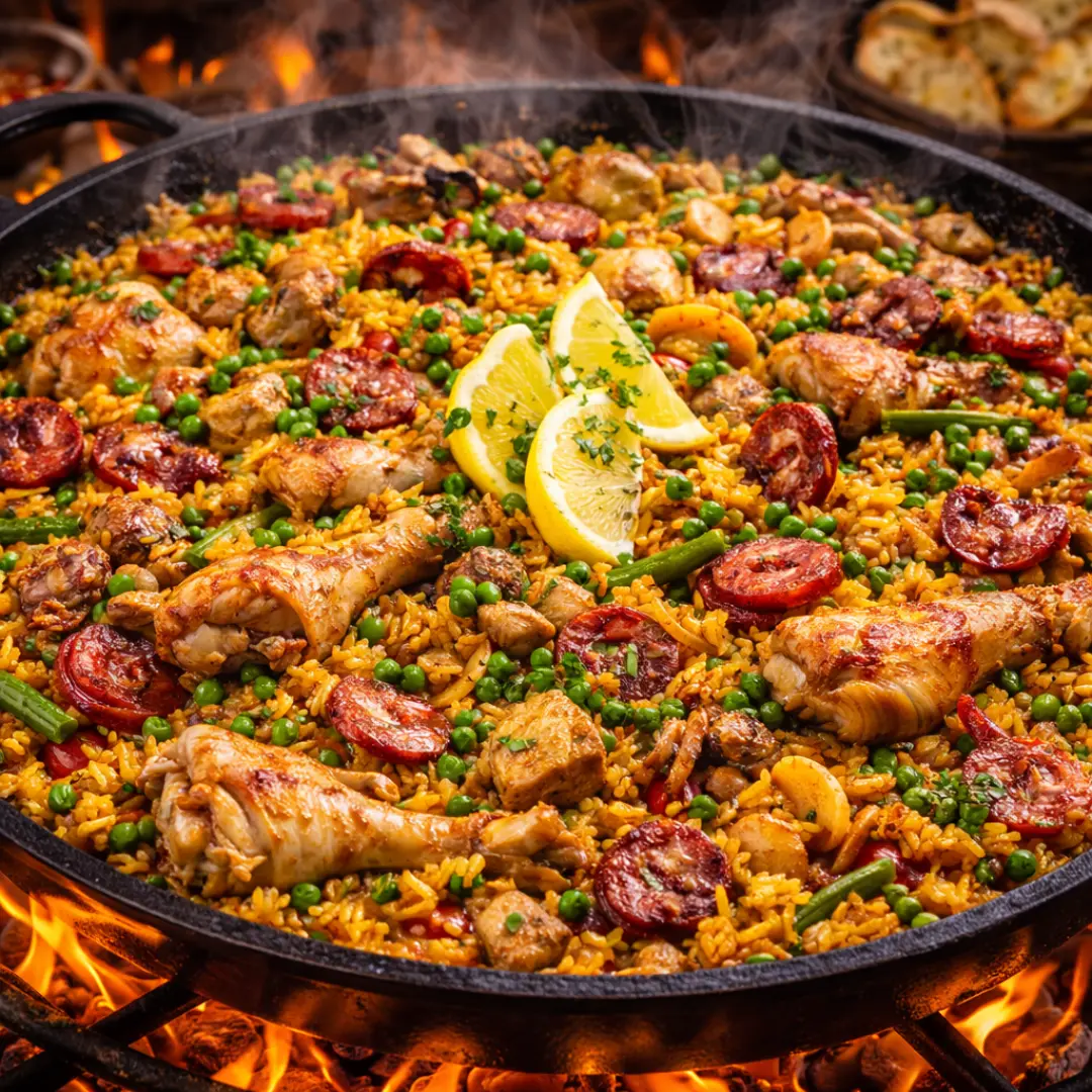 paella valenciana al disco con mariscos y pollo