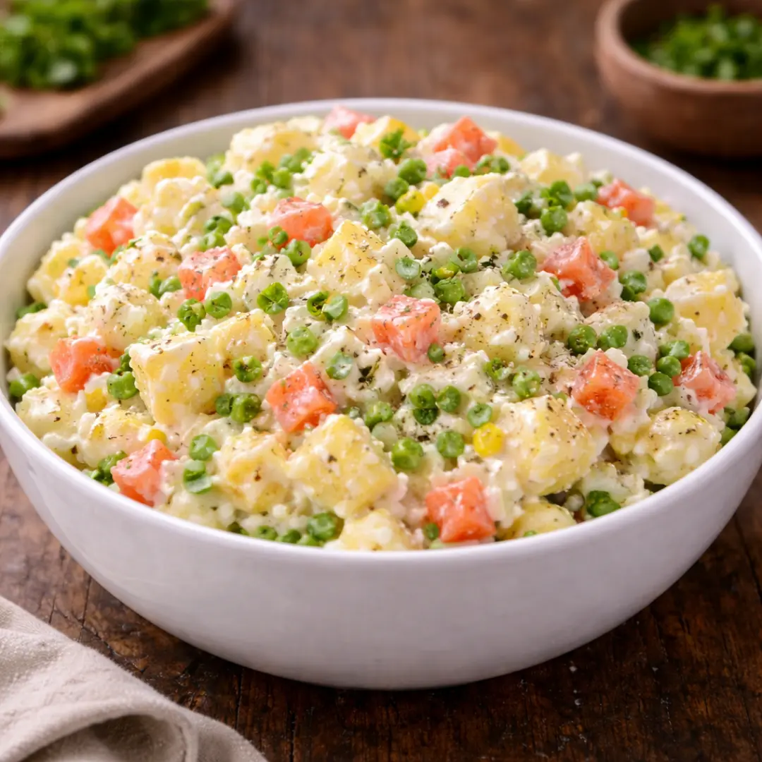 Ensalada de papas mayo casera con verduras como acompañamiento