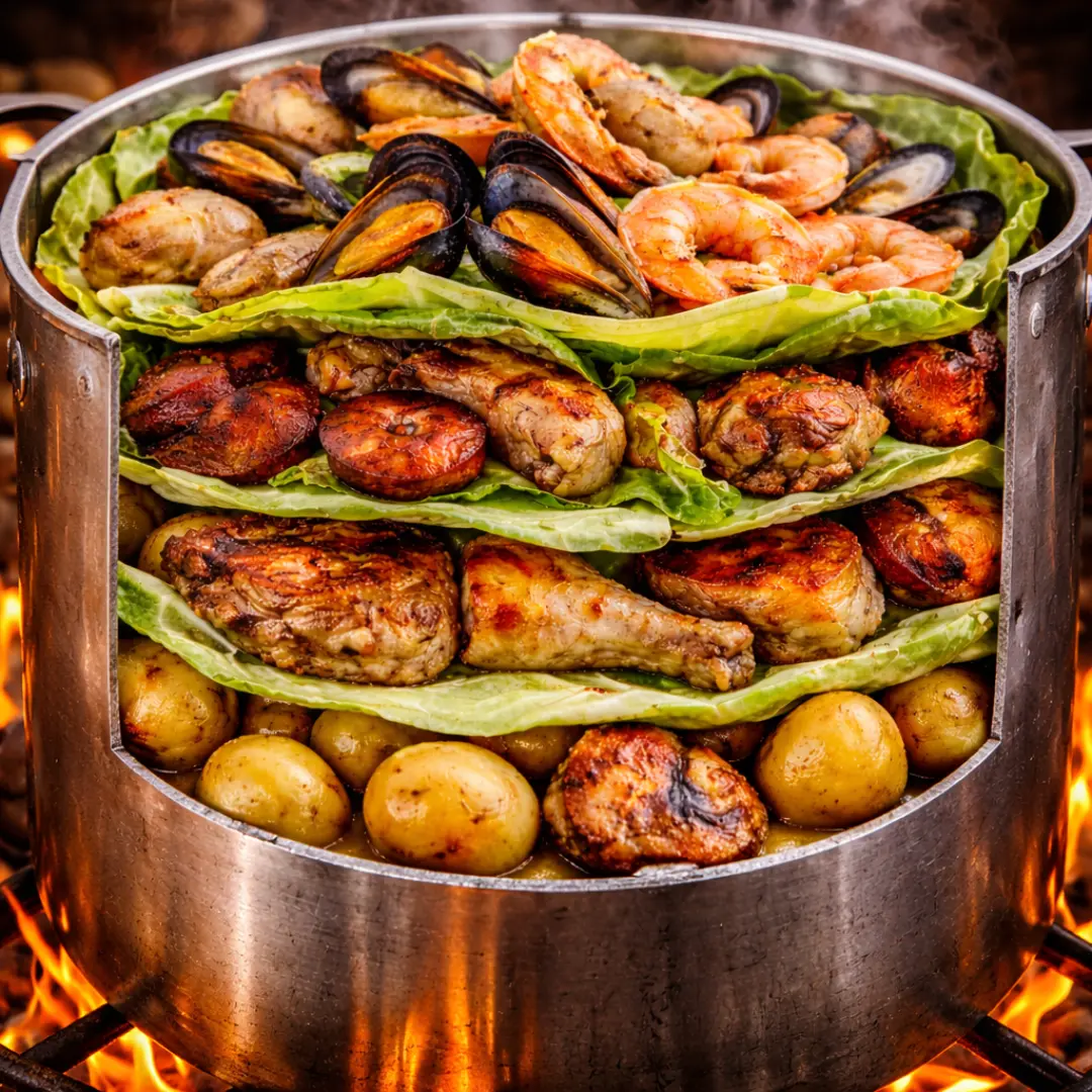 pulmay chilote con mariscos carnes y papas al fuego