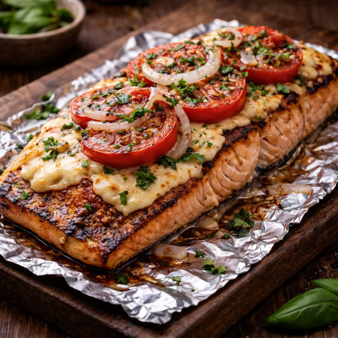 salmón cancato a la parrilla con queso y tomate