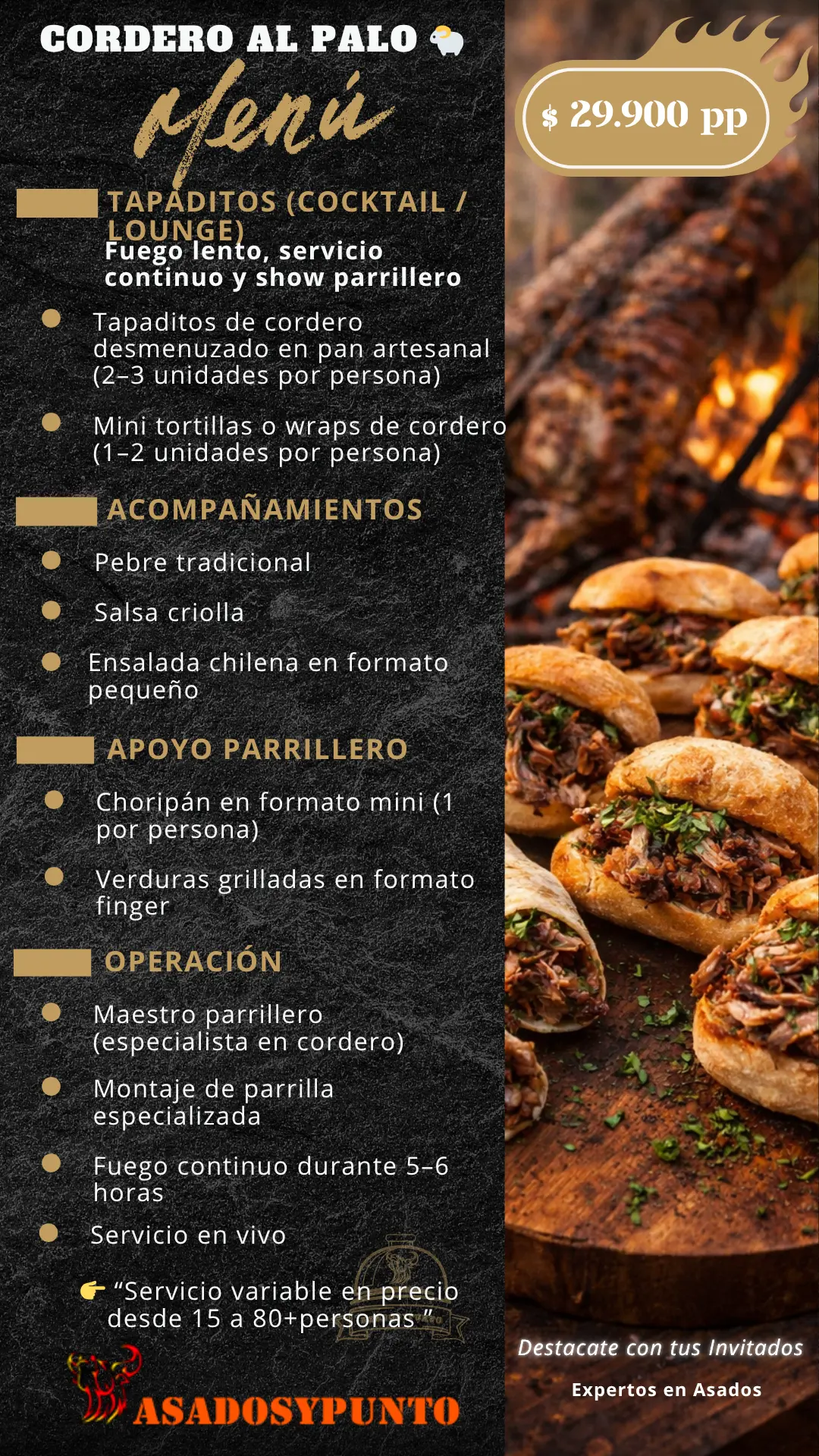 Tapaditos de cordero desmenuzado en pan artesanal para eventos, formato cocktail con servicio continuo