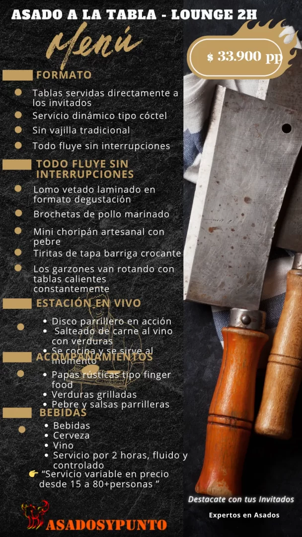 Asado a la tabla estilo lounge para empresas, matrimonios y eventos premium realizado por Asados y Punto.