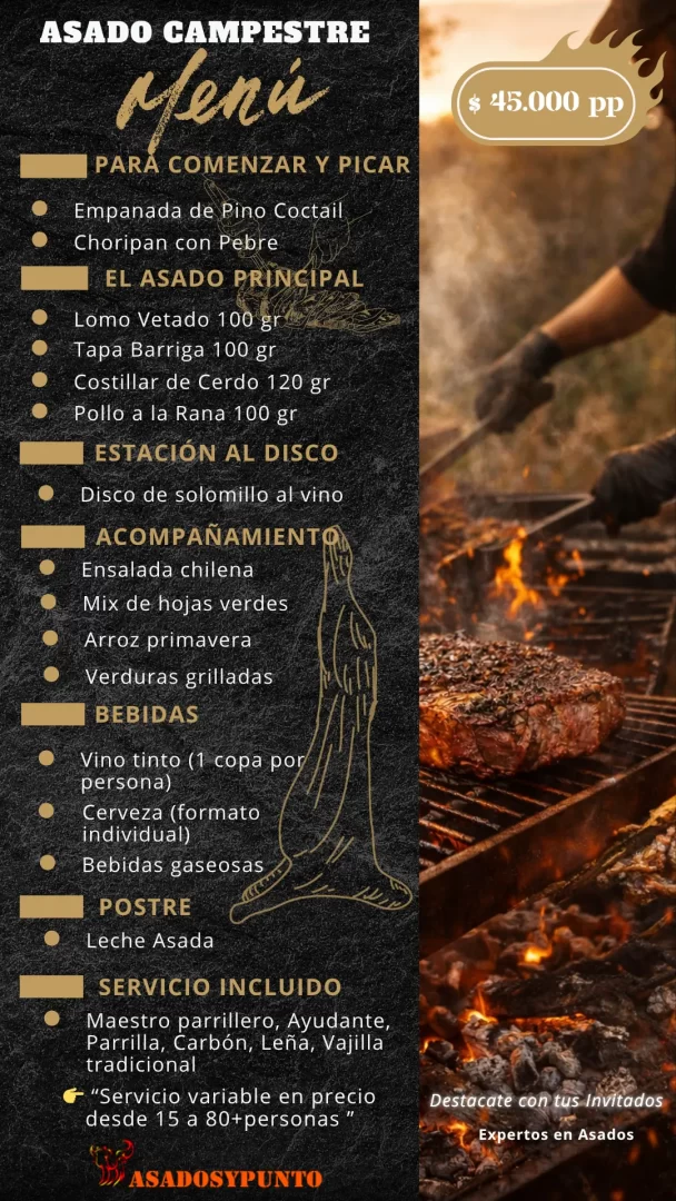 Menú de asado campestre a domicilio para empresas, matrimonios, cumpleaños y eventos de Asados y Punto.