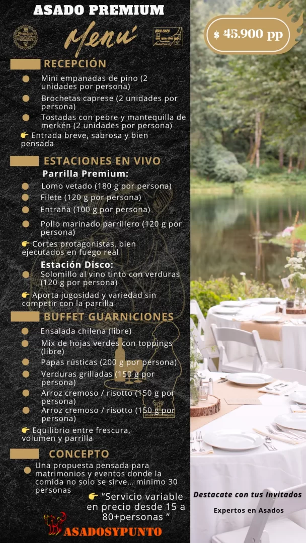 Menú premium de asados a domicilio para empresas, matrimonios, aniversarios y eventos exclusivos de Asados y Punto.