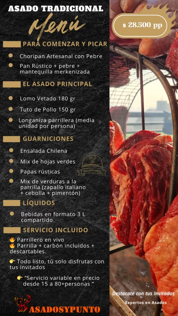Menú de asado tradicional a domicilio para empresas, cumpleaños, matrimonios y eventos privados de Asados y Punto.