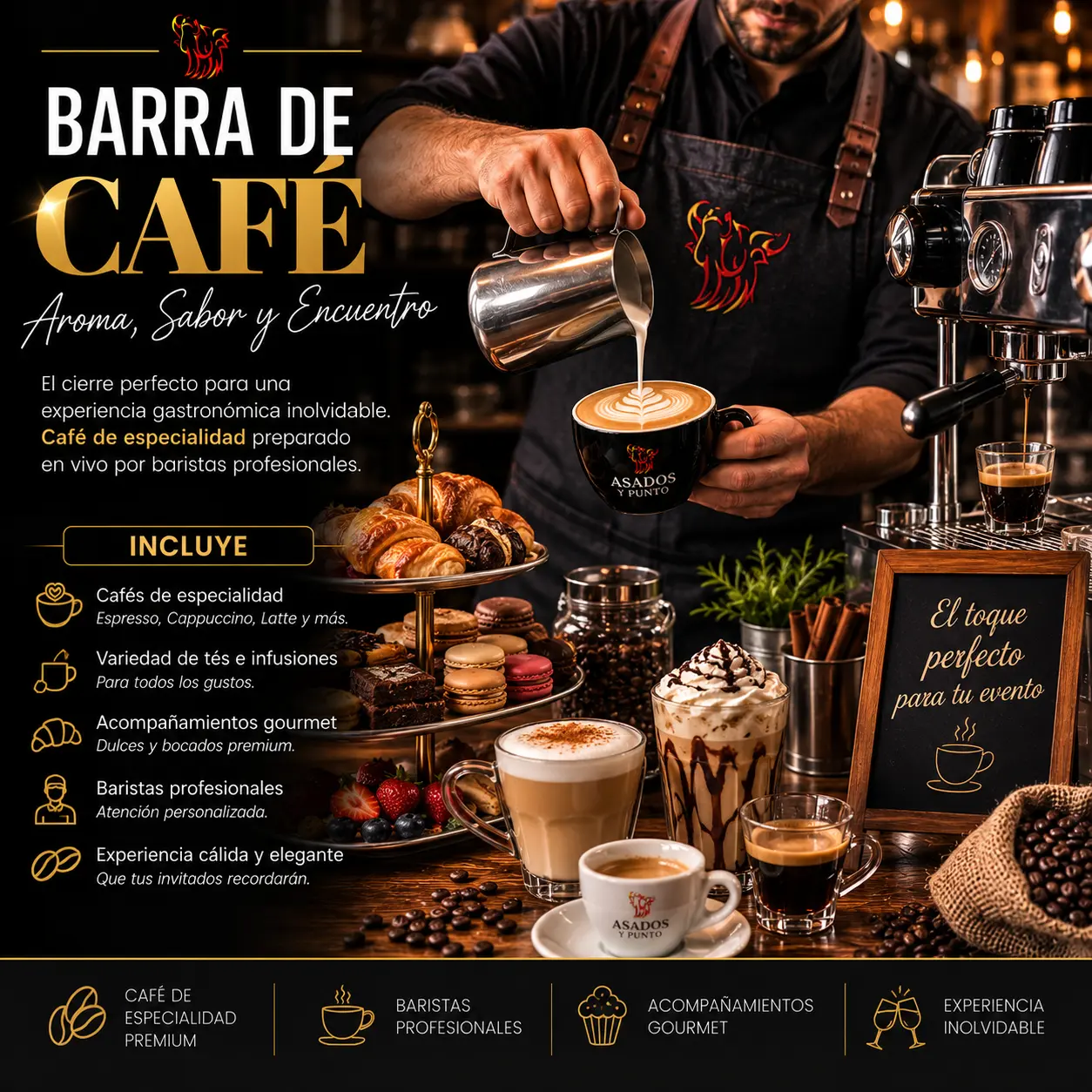 Barra de Café Premium con baristas profesionales, café de especialidad y acompañamientos gourmet para matrimonios, eventos corporativos y celebraciones de Asados y Punto.