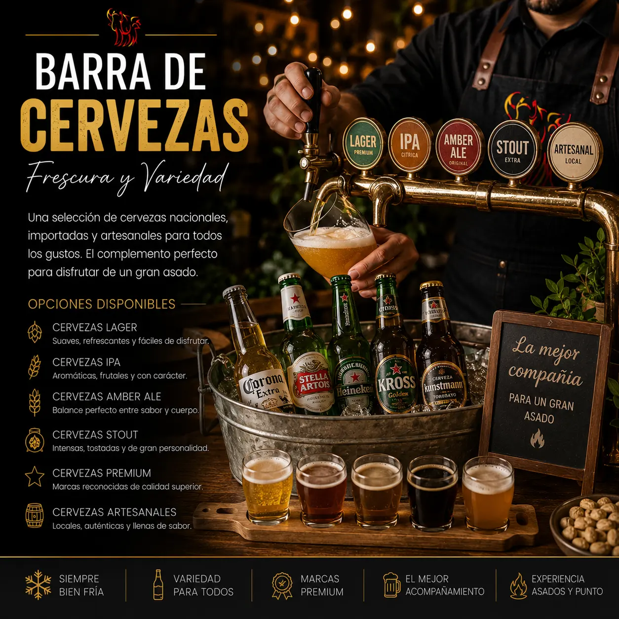 Barra de Cervezas Premium con cervezas nacionales, importadas y artesanales para matrimonios, eventos corporativos y celebraciones de Asados y Punto.