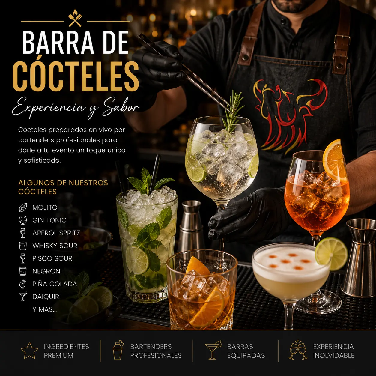 Barra de Cócteles Premium con bartender profesional preparando tragos para eventos corporativos, matrimonios y celebraciones de Asados y Punto.