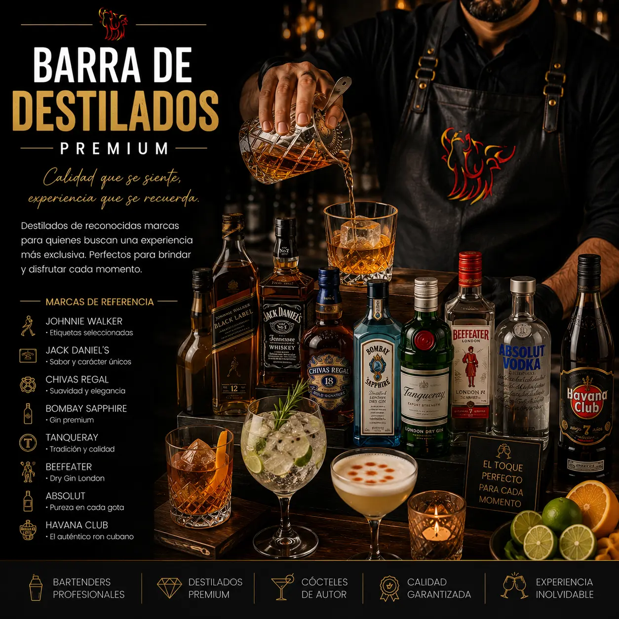 Barra de Destilados Premium con whisky, gin, vodka y ron de reconocidas marcas para matrimonios, eventos corporativos y celebraciones de Asados y Punto.