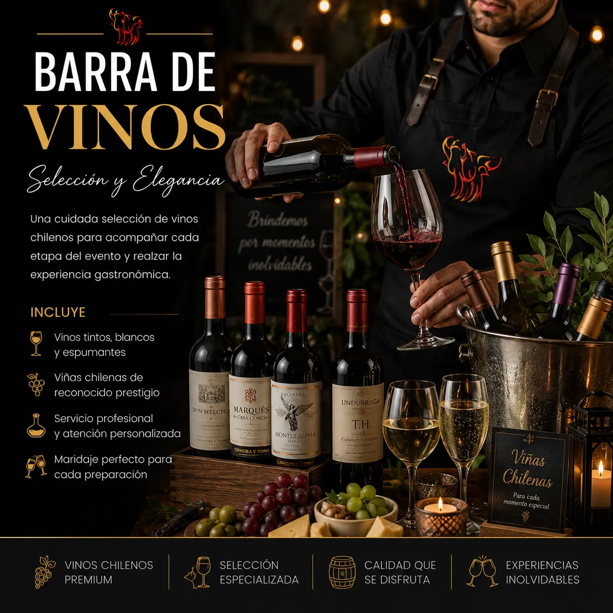Barra de Vinos Premium con selección de vinos chilenos y servicio profesional para matrimonios, eventos corporativos y celebraciones de Asados y Punto.