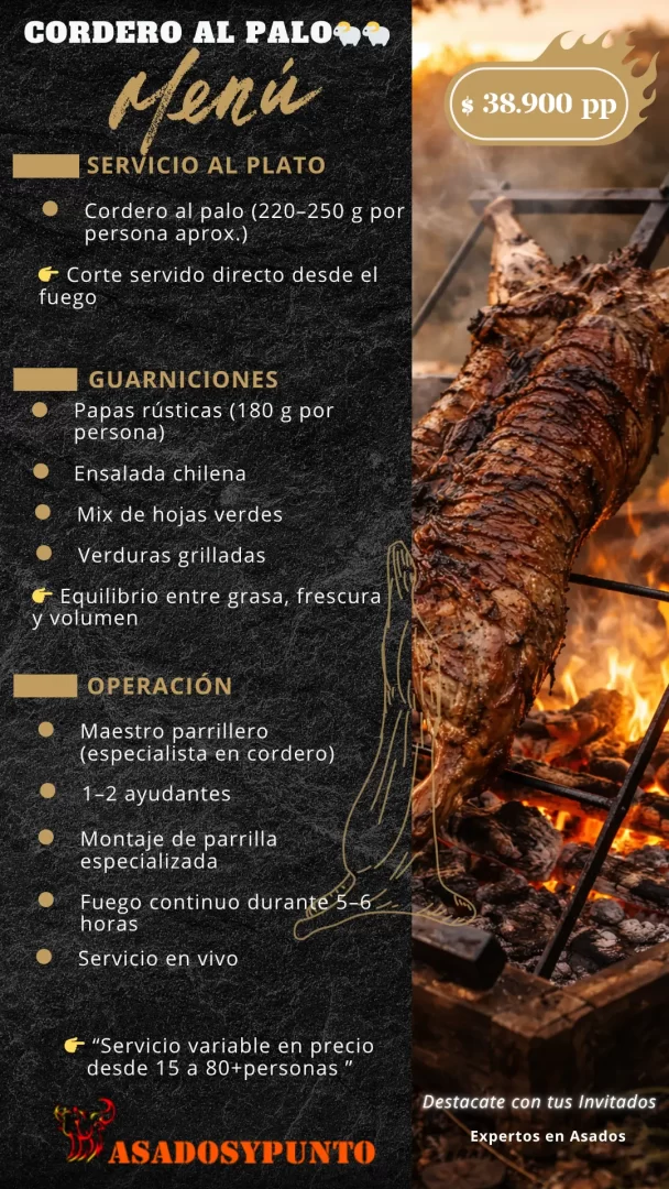 Cordero al palo a domicilio para empresas, matrimonios y eventos premium preparado por Asados y Punto.