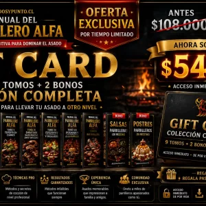 Gift Card Manual del Parrillero Alfa Completo con 9 tomos y 2 bonos exclusivos, oferta especial 50% de descuento de $108.000 a $54.000, regalo premium para amantes de la parrilla | Asados y Punto