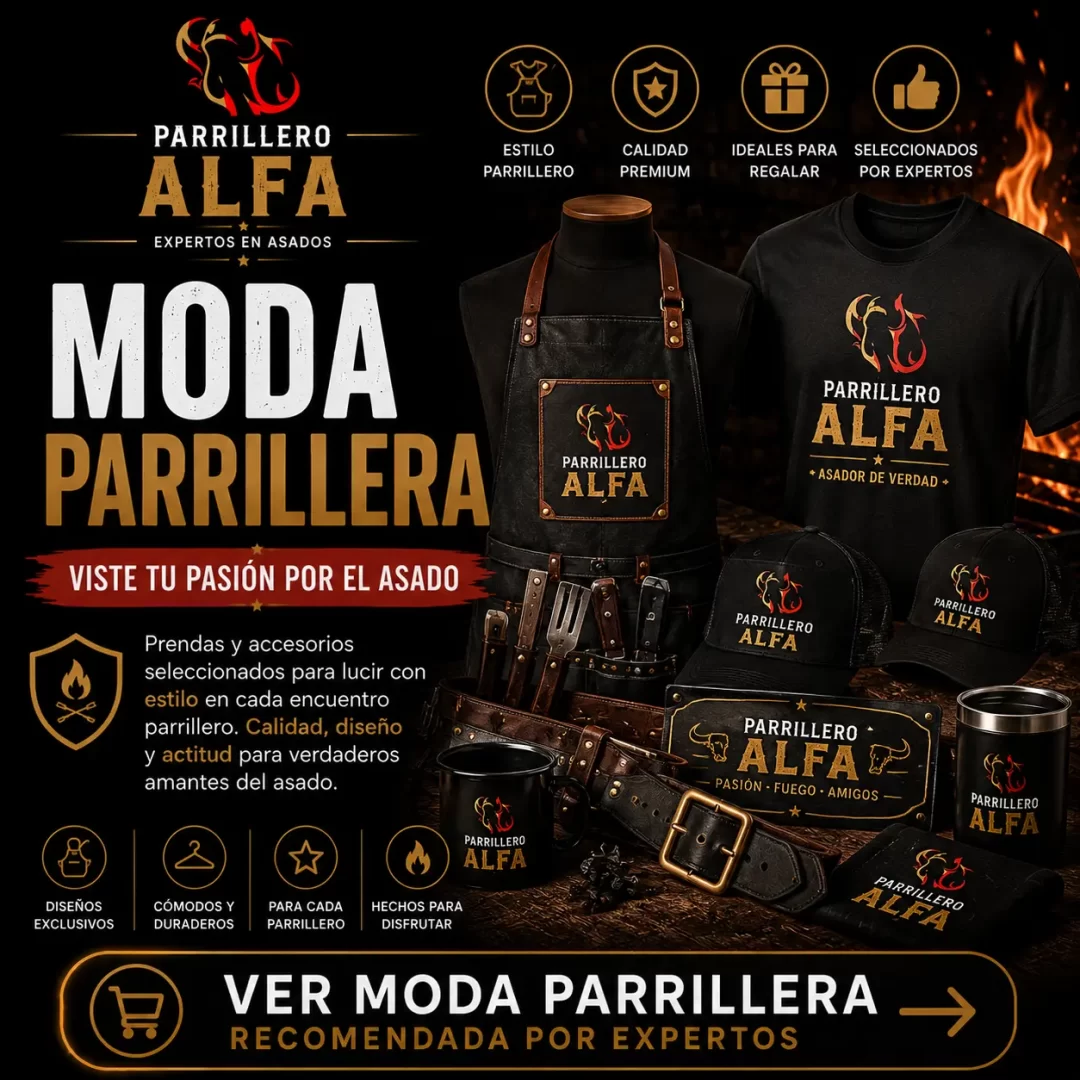 Moda parrillera recomendada por Parrillero Alfa con ropa, accesorios y regalos para amantes del asado.