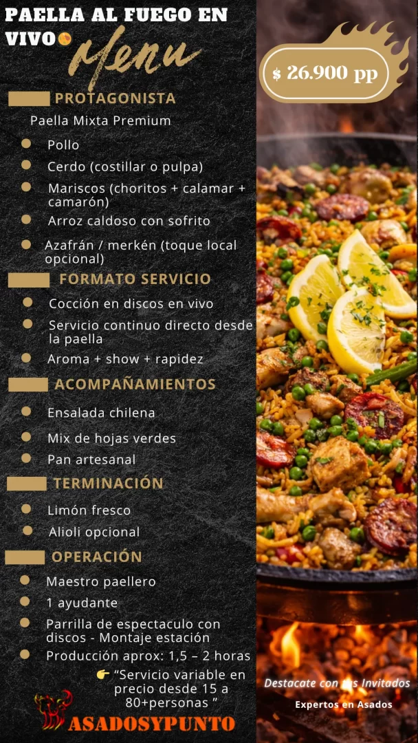 Paella al fuego preparada en vivo para empresas, matrimonios y celebraciones por Asados y Punto.